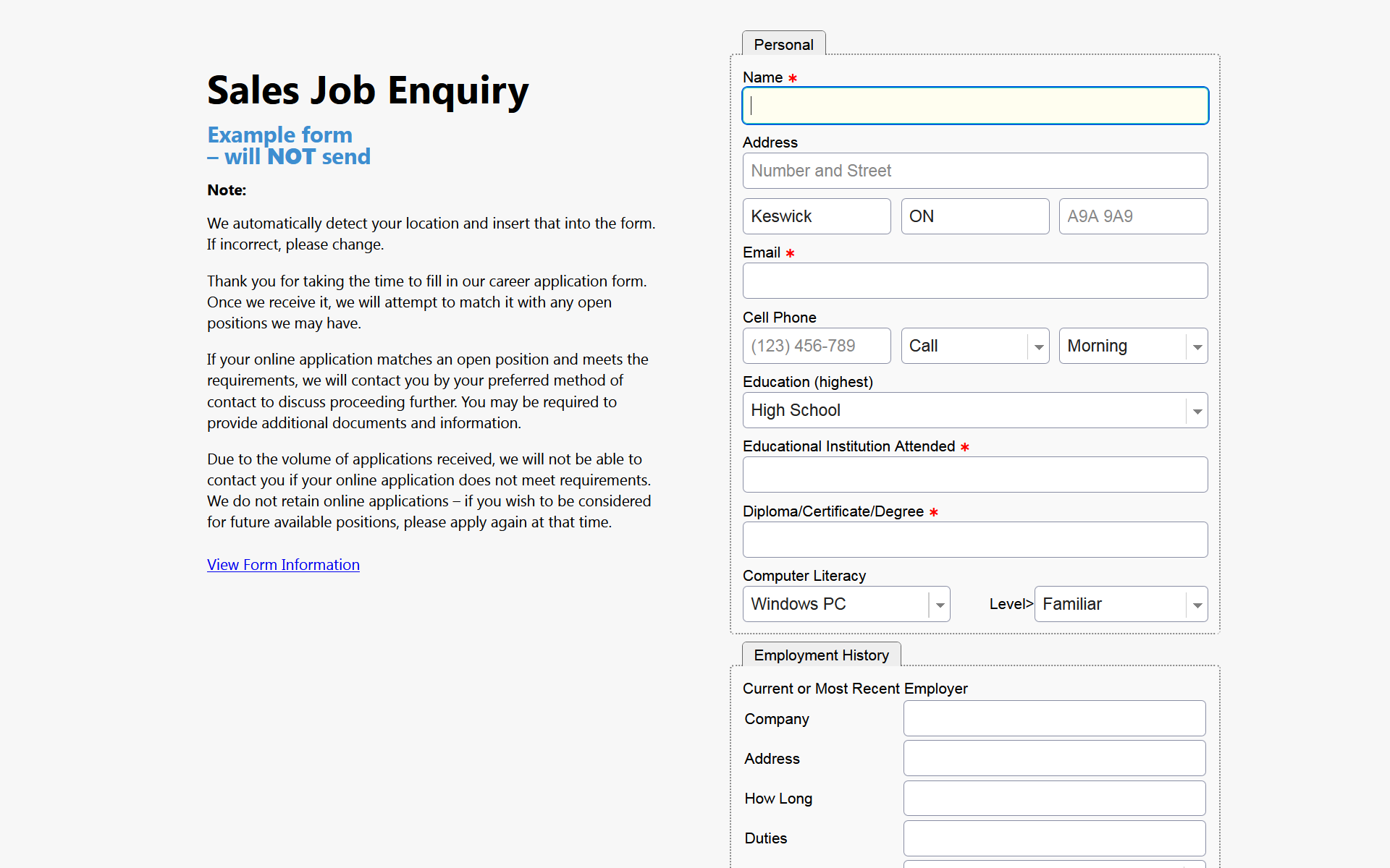 sales job enquiry